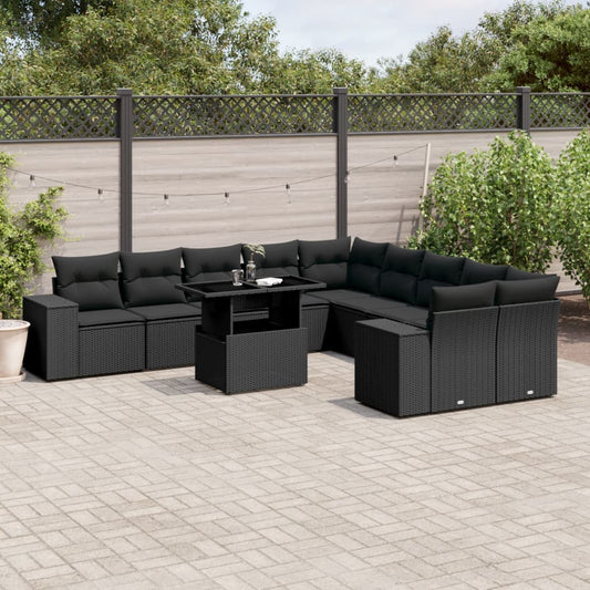 11-tlg. Garten-Sofagarnitur mit Kissen Schwarz Poly Rattan