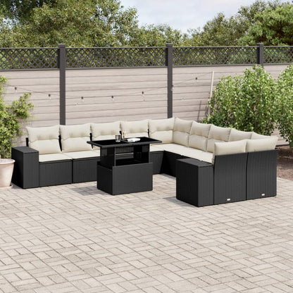 11-tlg. Garten-Sofagarnitur mit Kissen Schwarz Poly Rattan