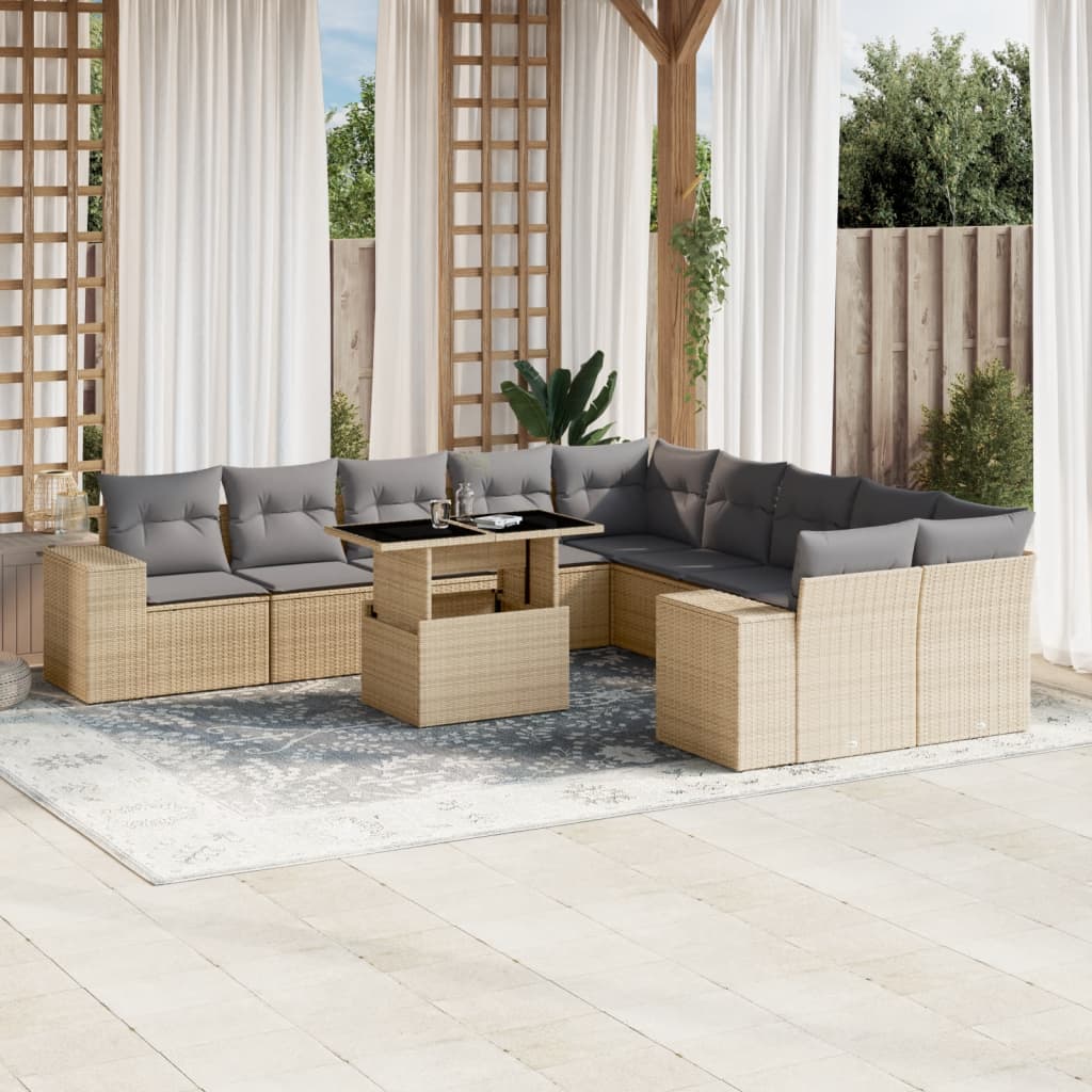 11-tlg. Garten-Sofagarnitur mit Kissen Beige Poly Rattan