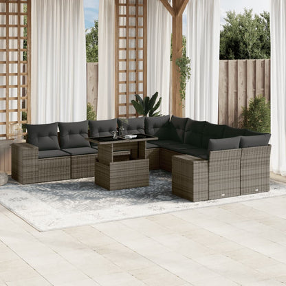 11-tlg. Garten-Sofagarnitur mit Kissen Grau Poly Rattan