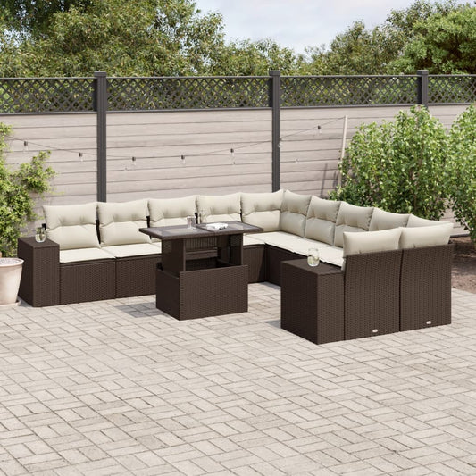 11-tlg. Garten-Sofagarnitur mit Kissen Braun Poly Rattan