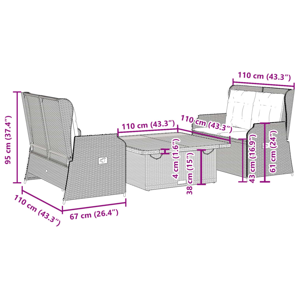 3-tlg. Garten-Lounge-Set mit Kissen Beige Poly Rattan