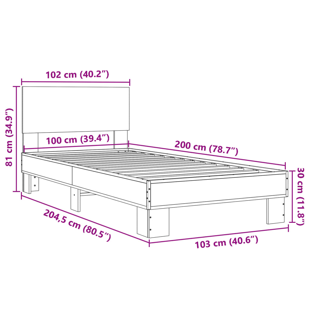 Bettgestell Braun Eichen-Optik 100x200 cm Holzwerkstoff Metall