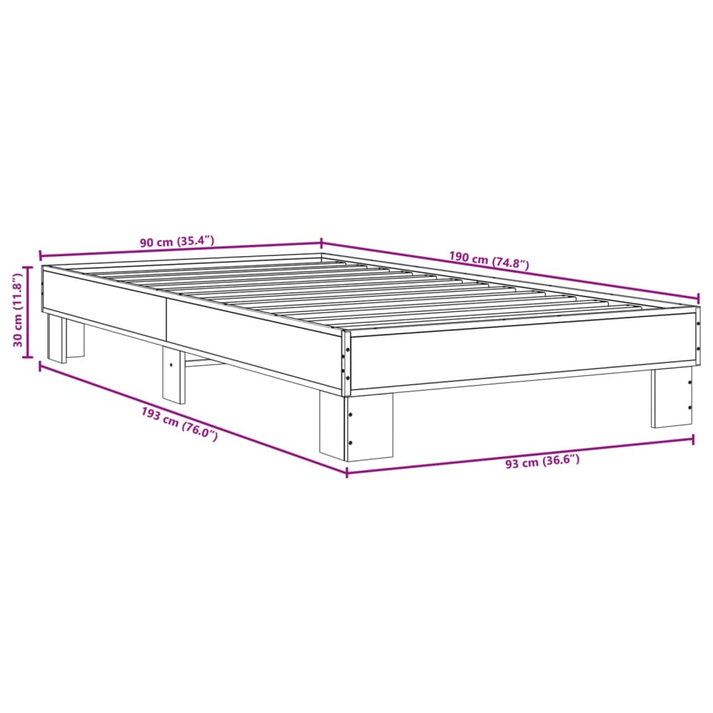 Bettgestell Sonoma-Eiche 90x190 cm Holzwerkstoff und Metall