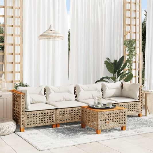 5-tlg. Garten-Sofagarnitur mit Kissen Beige Poly Rattan