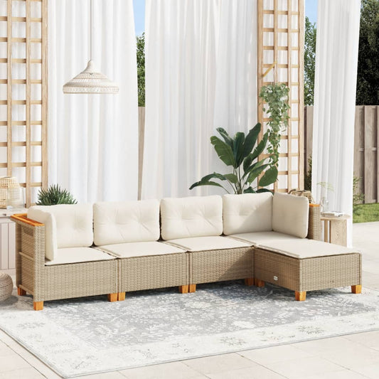 5-tlg. Garten-Sofagarnitur mit Kissen Beige Poly Rattan