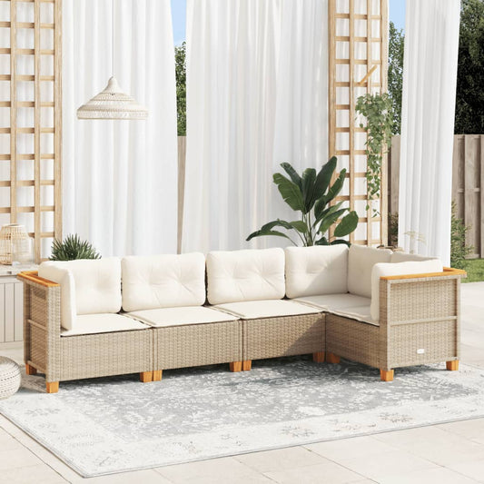 5-tlg. Garten-Sofagarnitur mit Kissen Beige Poly Rattan