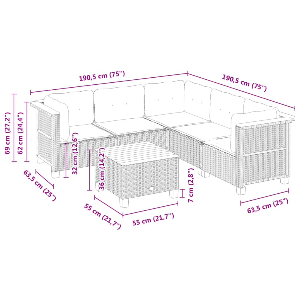 6-tlg. Garten-Sofagarnitur mit Kissen Schwarz Poly Rattan