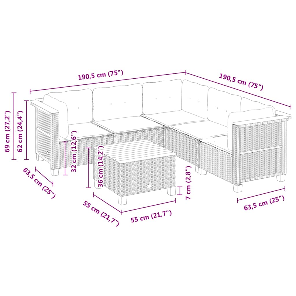 6-tlg. Garten-Sofagarnitur mit Kissen Beige Poly Rattan