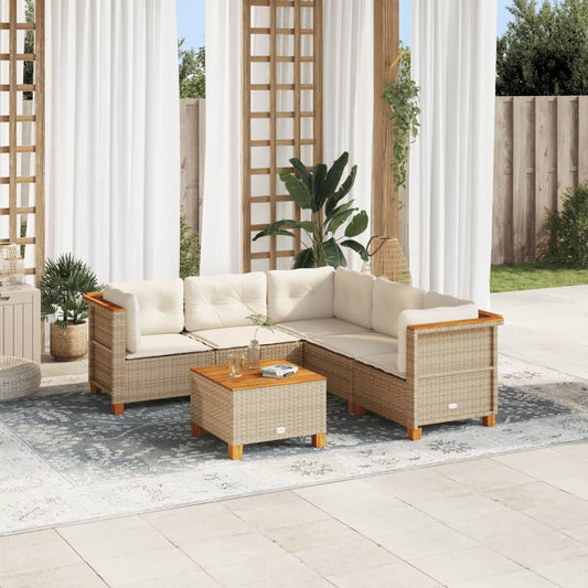 6-tlg. Garten-Sofagarnitur mit Kissen Beige Poly Rattan