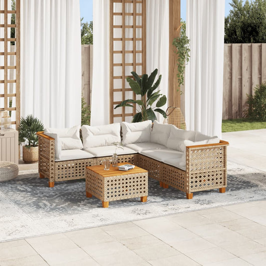 6-tlg. Garten-Sofagarnitur mit Kissen Beige Poly Rattan