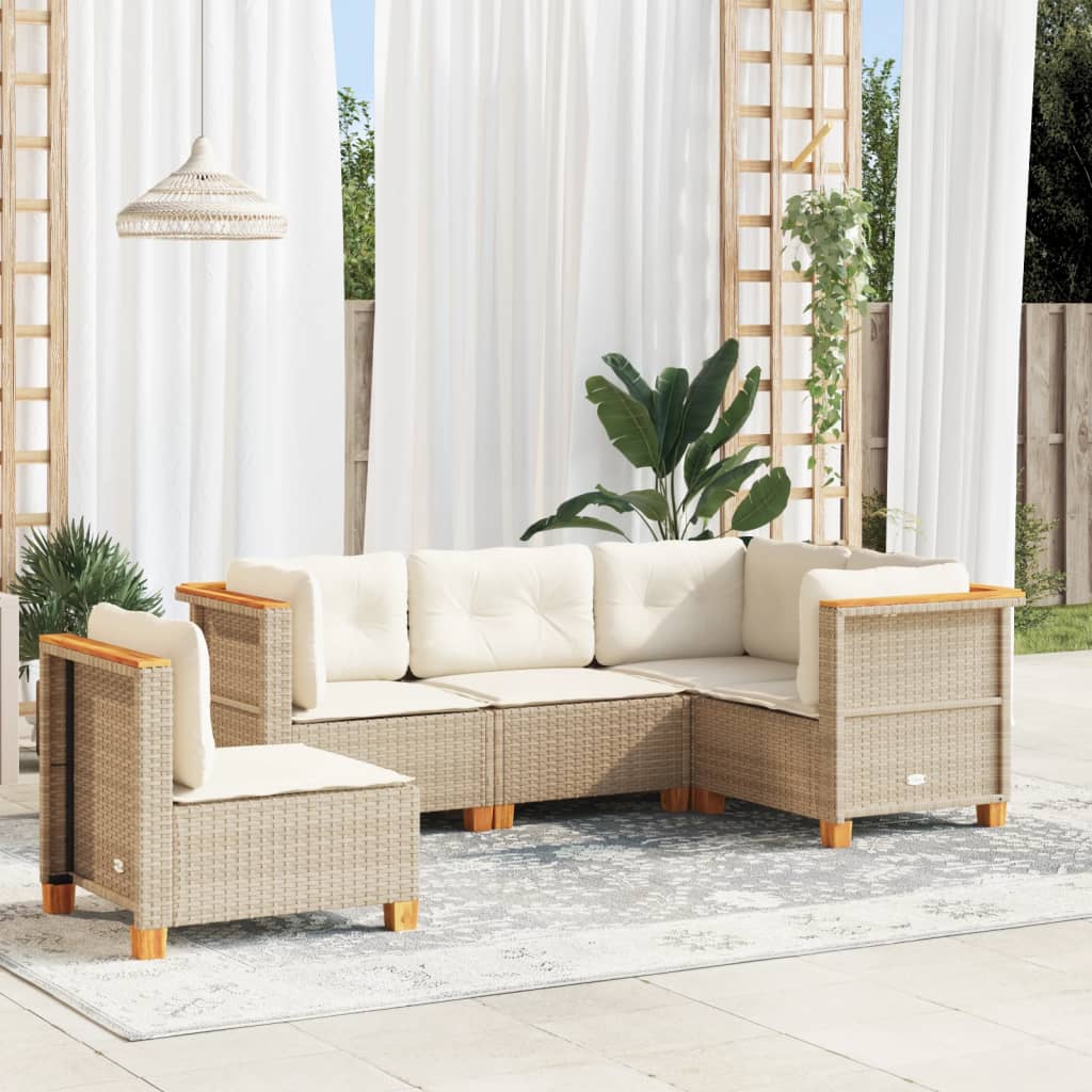 5-tlg. Garten-Sofagarnitur mit Kissen Beige Poly Rattan