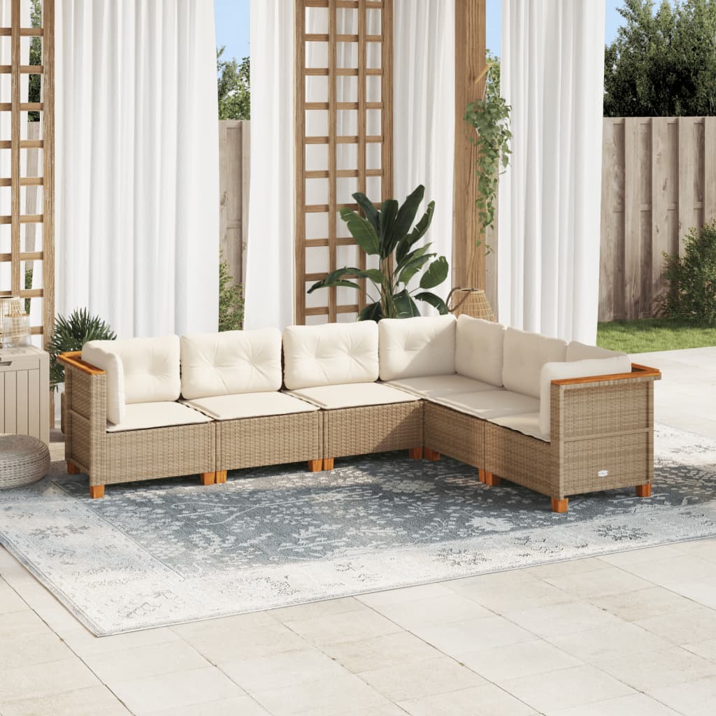 6-tlg. Garten-Sofagarnitur mit Kissen Beige Poly Rattan