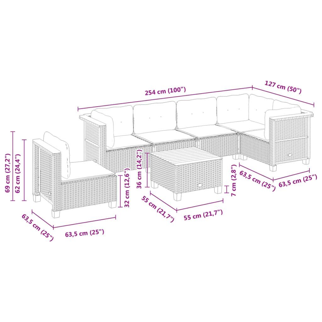 7-tlg. Garten-Sofagarnitur mit Kissen Schwarz Poly Rattan