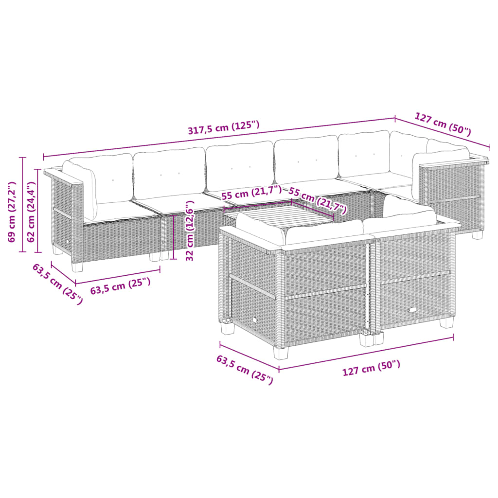 9-tlg. Garten-Sofagarnitur mit Kissen Schwarz Poly Rattan