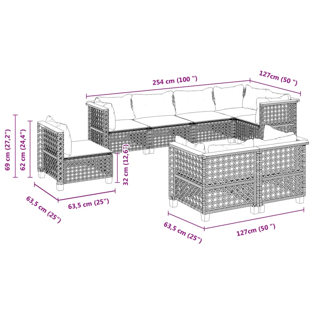 8-tlg. Garten-Sofagarnitur mit Kissen Grau Poly Rattan