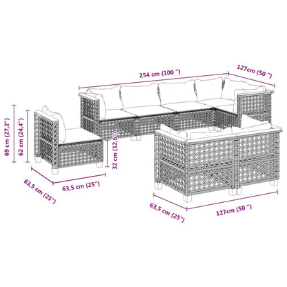 8-tlg. Garten-Sofagarnitur mit Kissen Grau Poly Rattan