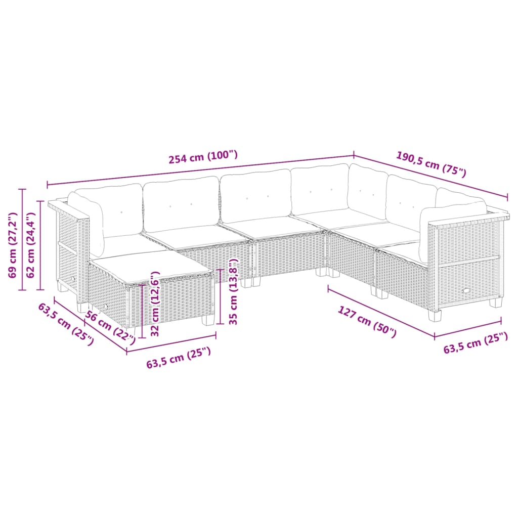 7-tlg. Garten-Sofagarnitur mit Kissen Beige Poly Rattan