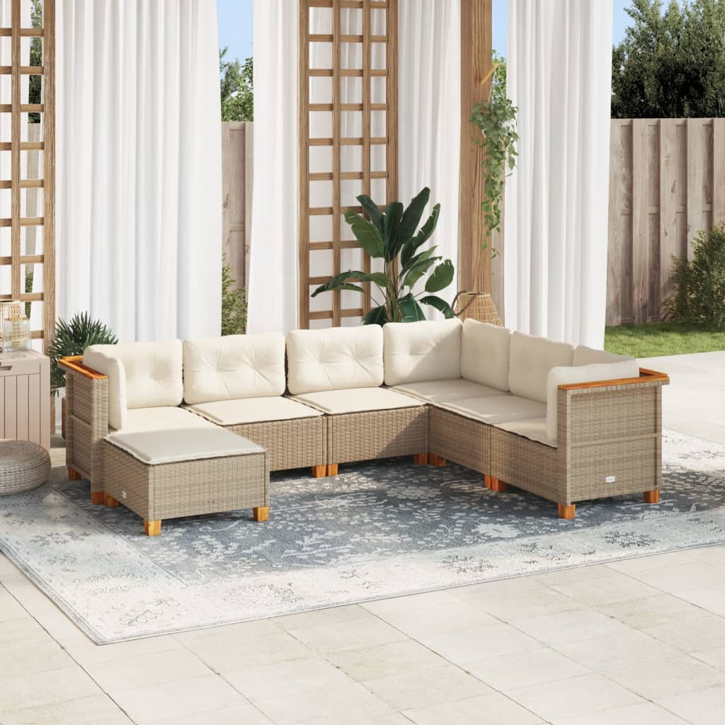 7-tlg. Garten-Sofagarnitur mit Kissen Beige Poly Rattan