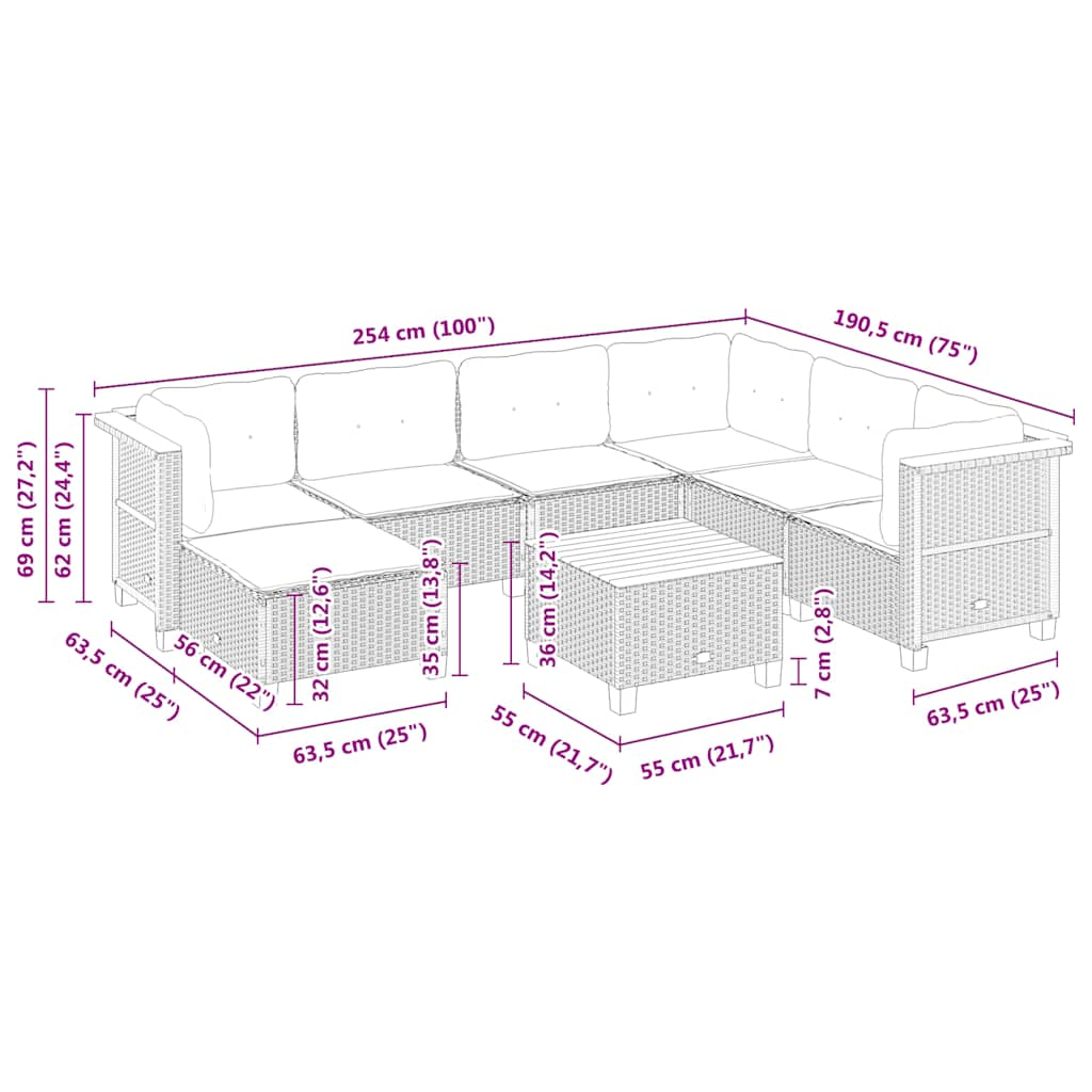 8-tlg. Garten-Sofagarnitur mit Kissen Beige Poly Rattan