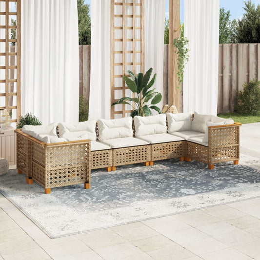 7-tlg. Garten-Sofagarnitur mit Kissen Beige Poly Rattan