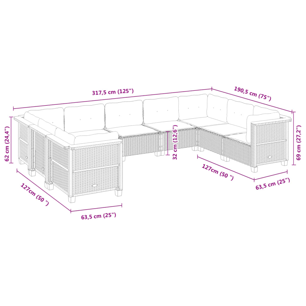 9-tlg. Garten-Sofagarnitur mit Kissen Beige Poly Rattan