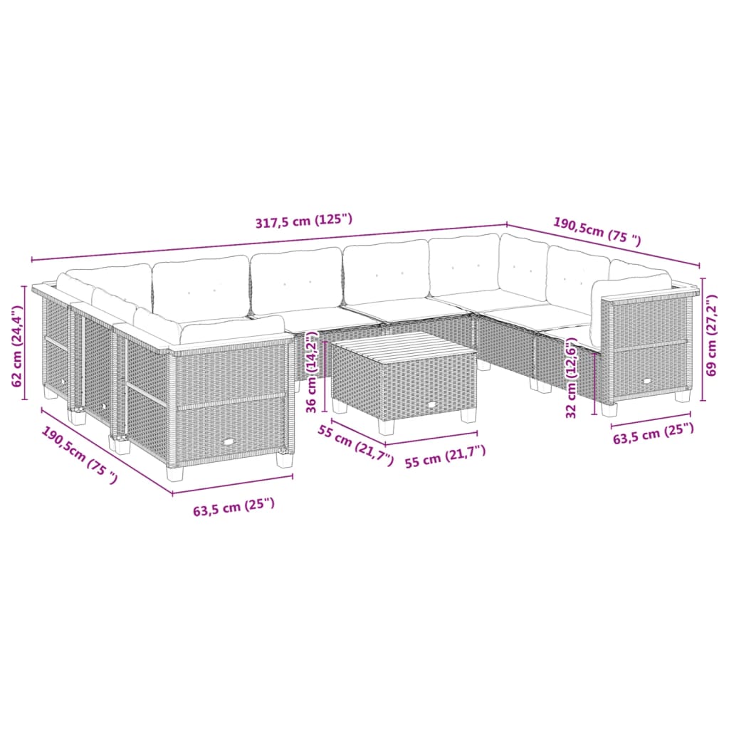 10-tlg. Garten-Sofagarnitur mit Kissen Grau Poly Rattan