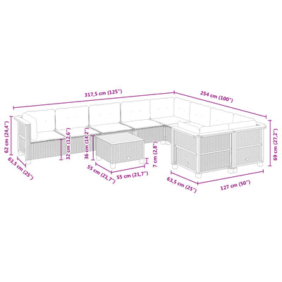 10-tlg. Garten-Sofagarnitur mit Kissen Schwarz Poly Rattan