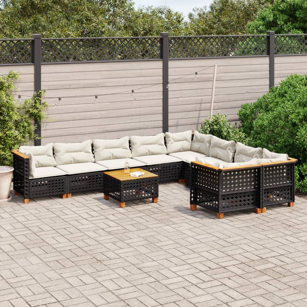 10-tlg. Garten-Sofagarnitur mit Kissen Schwarz Poly Rattan