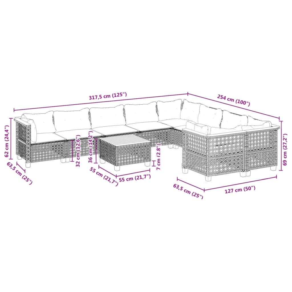 10-tlg. Garten-Sofagarnitur mit Kissen Grau Poly Rattan