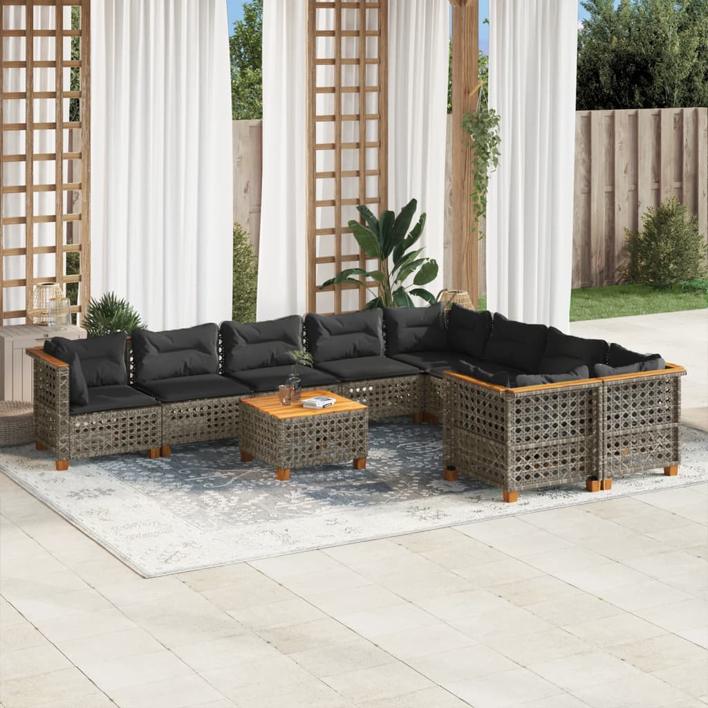 10-tlg. Garten-Sofagarnitur mit Kissen Grau Poly Rattan