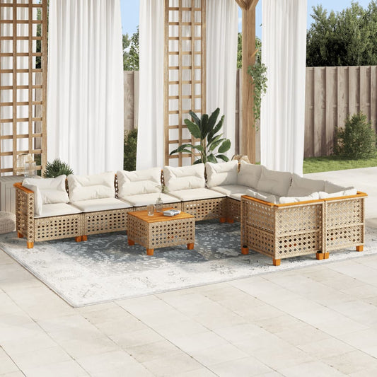 10-tlg. Garten-Sofagarnitur mit Kissen Beige Poly Rattan