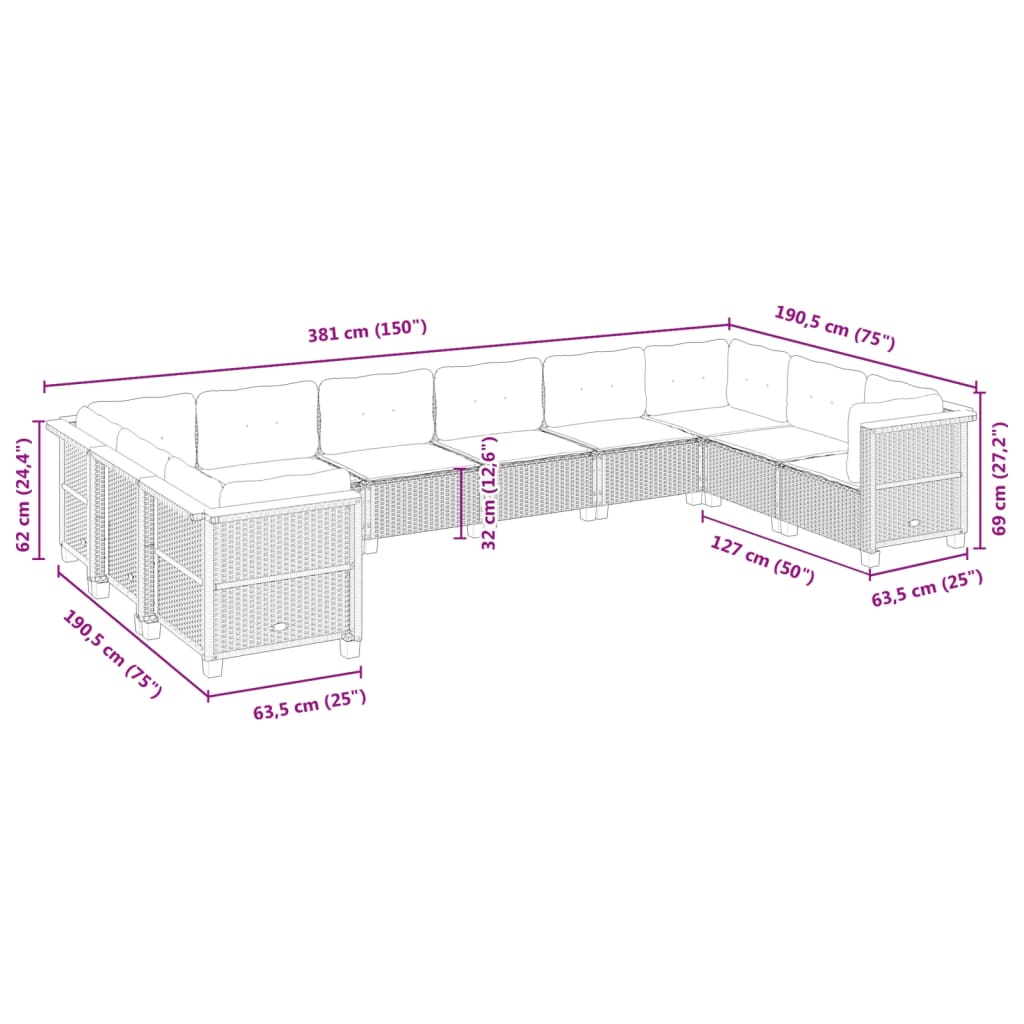 10-tlg. Garten-Sofagarnitur mit Kissen Grau Poly Rattan