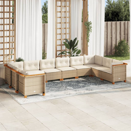 10-tlg. Garten-Sofagarnitur mit Kissen Beige Poly Rattan