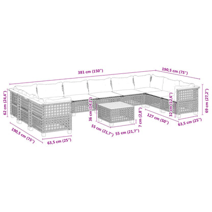 11-tlg. Garten-Sofagarnitur mit Kissen Schwarz Poly Rattan