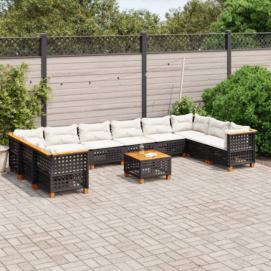 11-tlg. Garten-Sofagarnitur mit Kissen Schwarz Poly Rattan