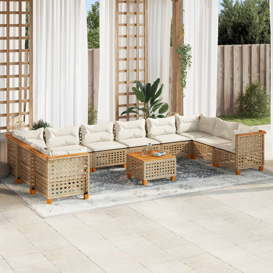 11-tlg. Garten-Sofagarnitur mit Kissen Beige Poly Rattan