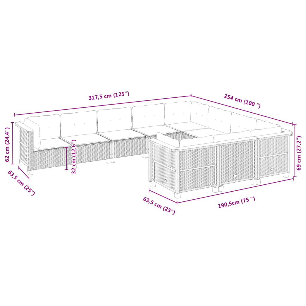 10-tlg. Garten-Sofagarnitur mit Kissen Grau Poly Rattan