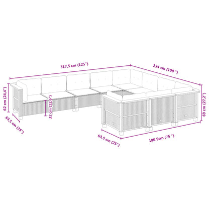 10-tlg. Garten-Sofagarnitur mit Kissen Grau Poly Rattan