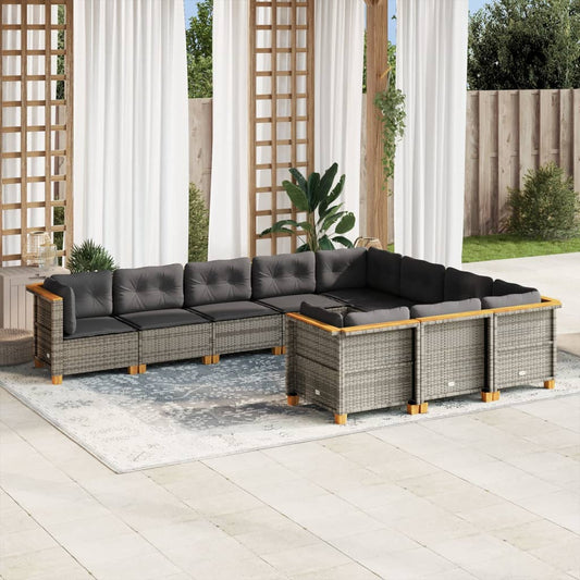 10-tlg. Garten-Sofagarnitur mit Kissen Grau Poly Rattan