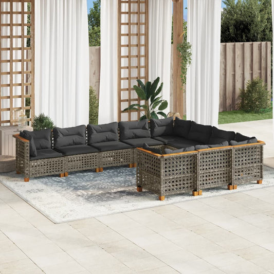 10-tlg. Garten-Sofagarnitur mit Kissen Grau Poly Rattan