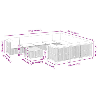 11-tlg. Garten-Sofagarnitur mit Kissen Schwarz Poly Rattan