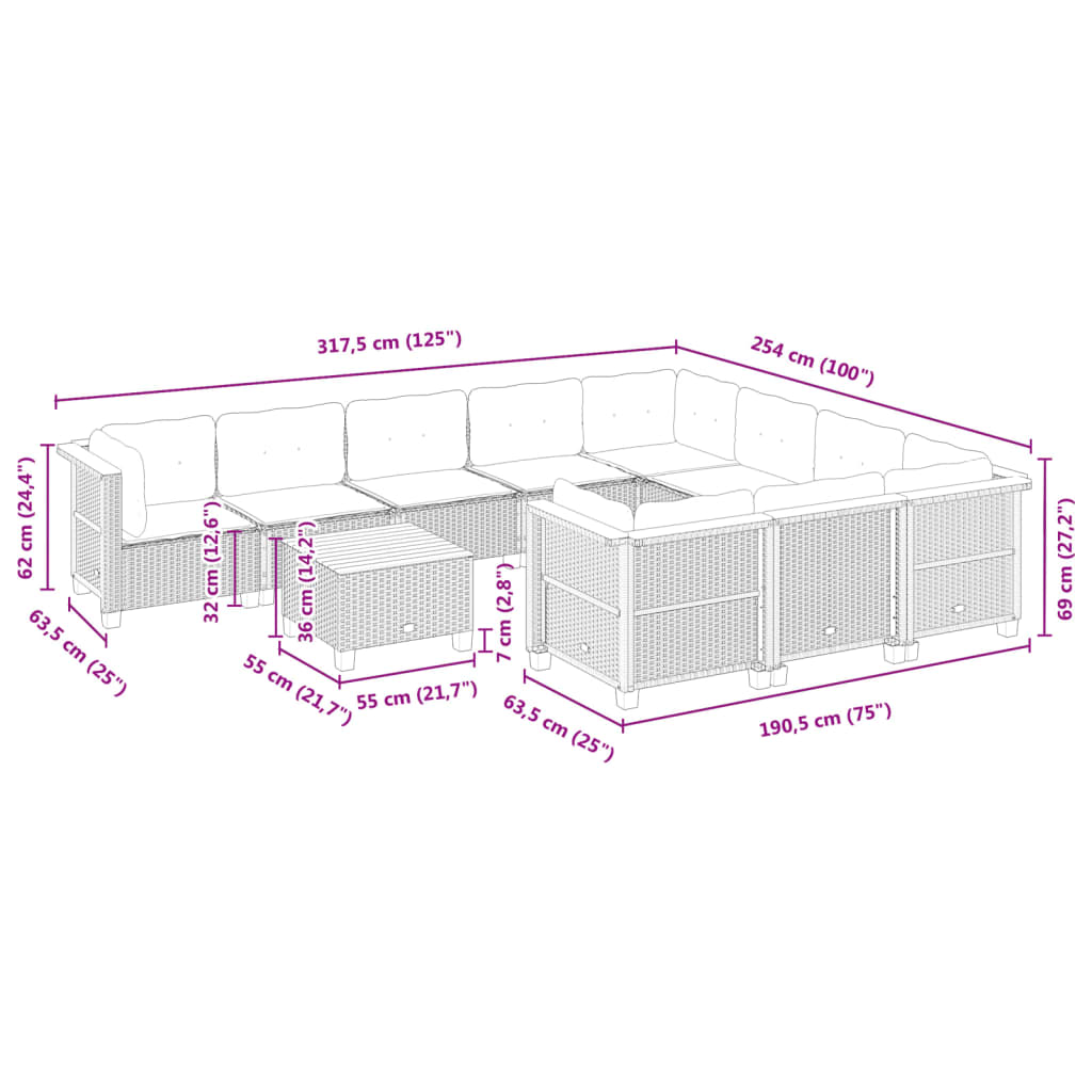 11-tlg. Garten-Sofagarnitur mit Kissen Grau Poly Rattan