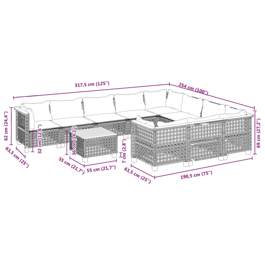 11-tlg. Garten-Sofagarnitur mit Kissen Schwarz Poly Rattan