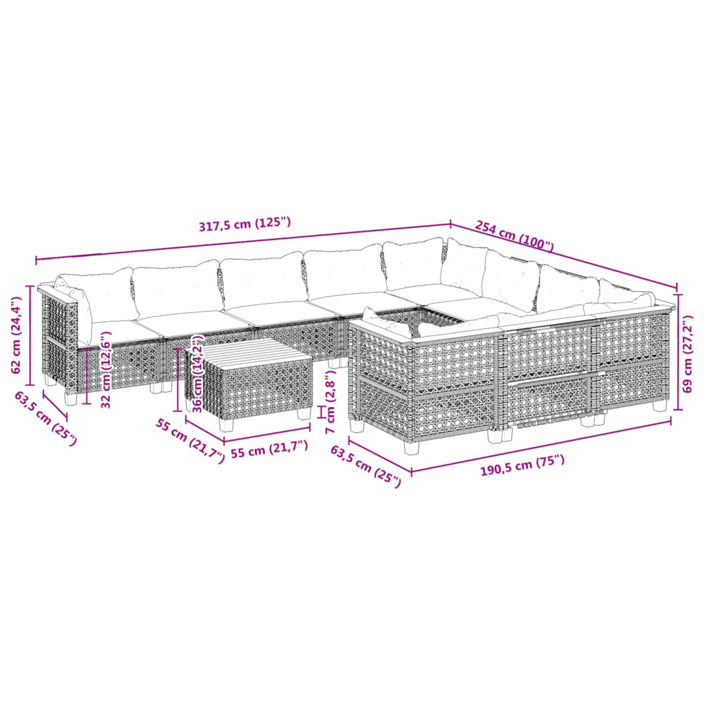 11-tlg. Garten-Sofagarnitur mit Kissen Grau Poly Rattan