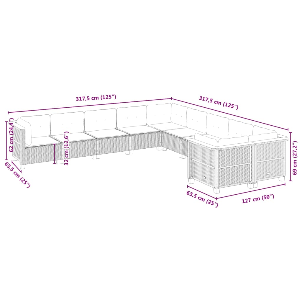 10-tlg. Garten-Sofagarnitur mit Kissen Grau Poly Rattan