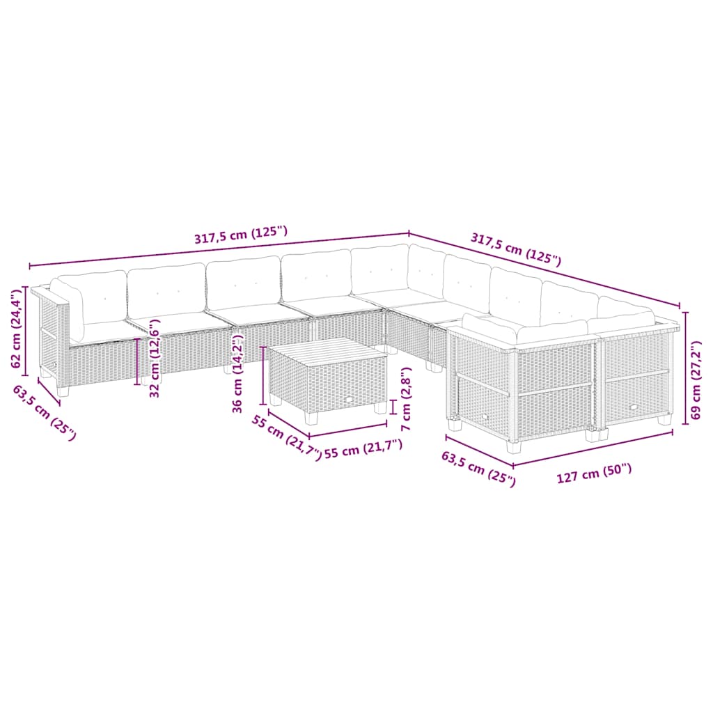 11-tlg. Garten-Sofagarnitur mit Kissen Beige Poly Rattan