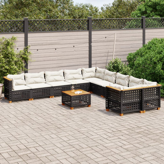 11-tlg. Garten-Sofagarnitur mit Kissen Schwarz Poly Rattan