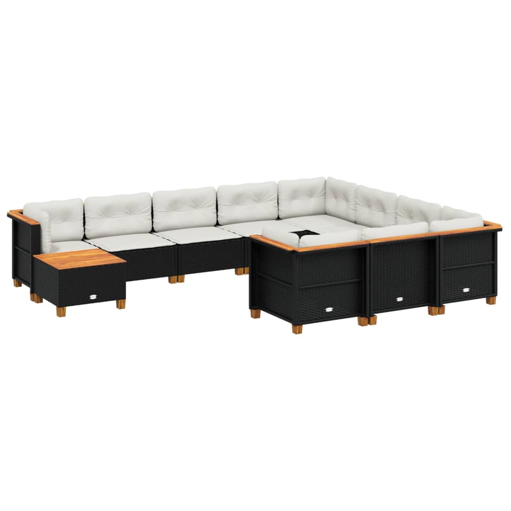 11-tlg. Garten-Sofagarnitur mit Kissen Schwarz Poly Rattan