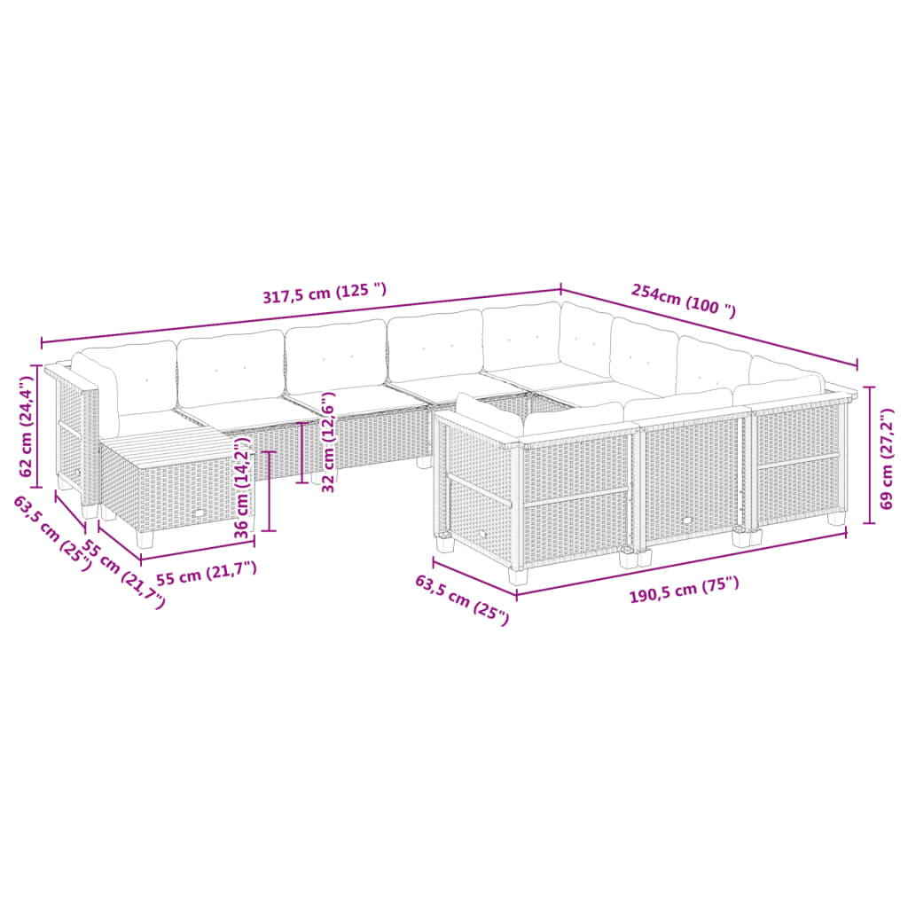 11-tlg. Garten-Sofagarnitur mit Kissen Grau Poly Rattan